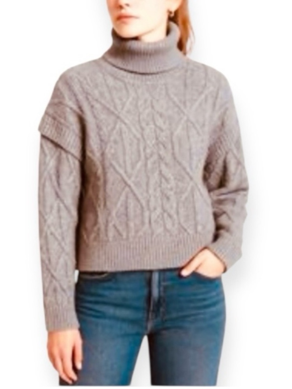 Elie Tahari Grey Chunky Cable-Knit Turtleneck Sweater Size Small